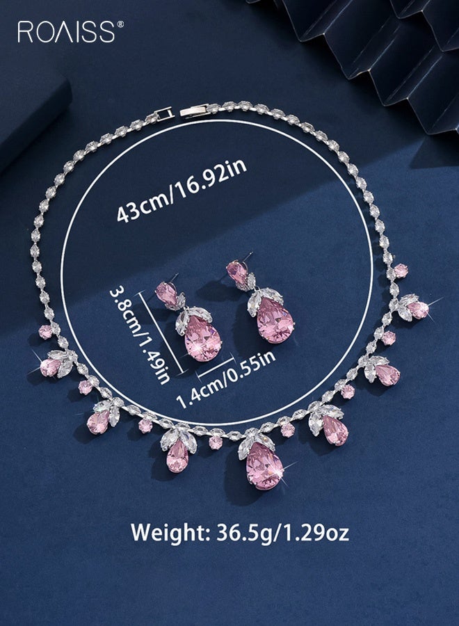 رويس مجموعة قلادة وأقراط على شكل زهور وردية للعروس من الزركون ومجوهرات الزفاف وفستان التوست وإكسسوارات العشاء هدية للنساء وحفلات الولائم - Image 2