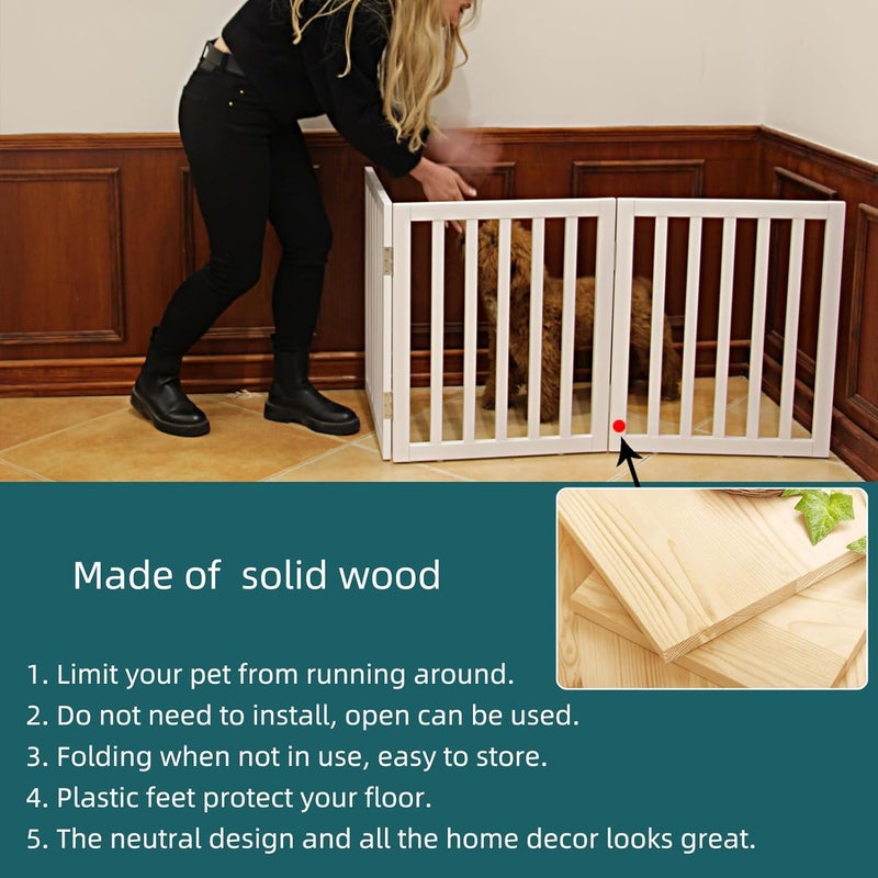 ZJSF بوابة داخلية مستقلة للكلاب ZJSF مصنوعة من الخشب القابل للطي باللون الأبيض بوابة جرو للأبواب بوابة حيوانات أليفة للسلالم سياج حيوانات أليفة عريض جداً بارتفاع 24 بوصة و3 ألواح - Image 4