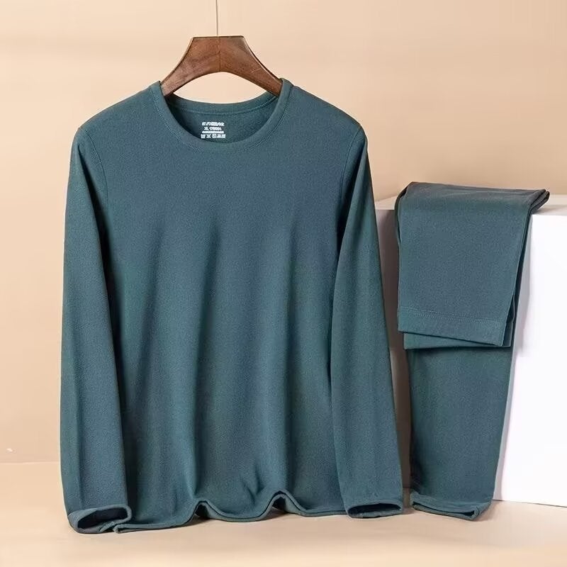 German velvet thermal underwear mens crew neck long sleeve thickened fleece-lined solid color autumn clothes long pants suit bottoming shirt pants mens Green - Image 1