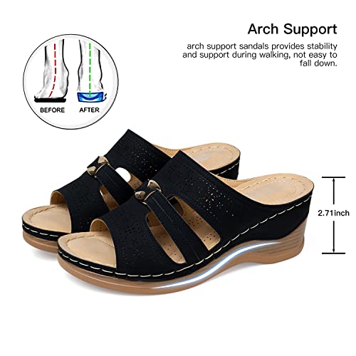 SHIBEVER Wedge Sandals for Women Hollow Out Slip On Platform Wedge Sandals Summer Causal Walking Dressy Black Size 8 - Image 5
