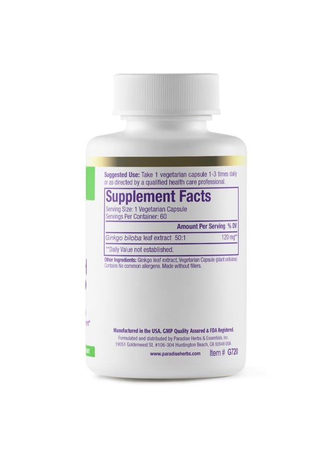 Paradise Herbs Ginkgo Biloba Extract, Super Potent, Ultra Pure, Vegan, Non GMO, Gluten Free, 60 Vegetarian Capsules - Image 2