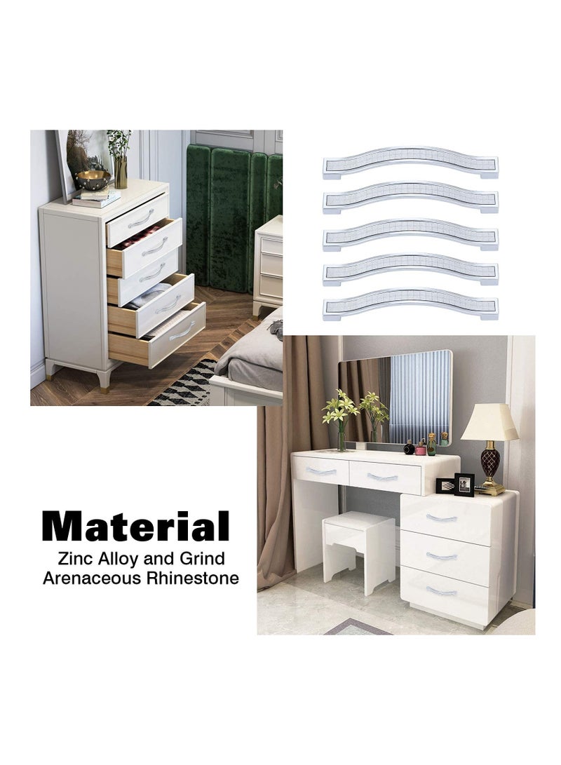 طقم من 5 مقبضات درج مرصعة بالكريستال، مقبض باب أثاث من سبائك الزنك بأسلوب أوروبي لصناديق الملابس والخزائن ومطبخ، 128 ملم 5 قطع، فضي - Image 2