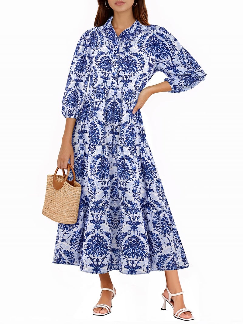 Wenrine Womens Casual Shirt Dress Floral 3/4 Sleeve Button Down V Neck Collared Loose Boho Beach Maxi Dresses A-Navy - Image 1