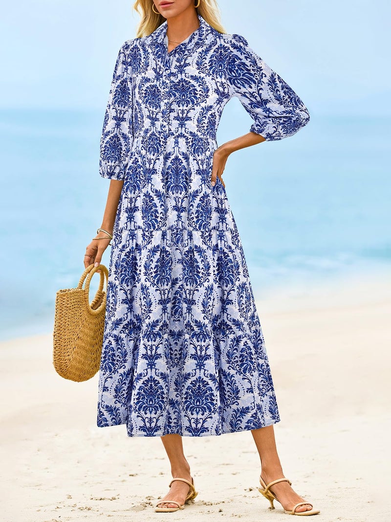 Wenrine Womens Casual Shirt Dress Floral 3/4 Sleeve Button Down V Neck Collared Loose Boho Beach Maxi Dresses A-Navy - Image 3