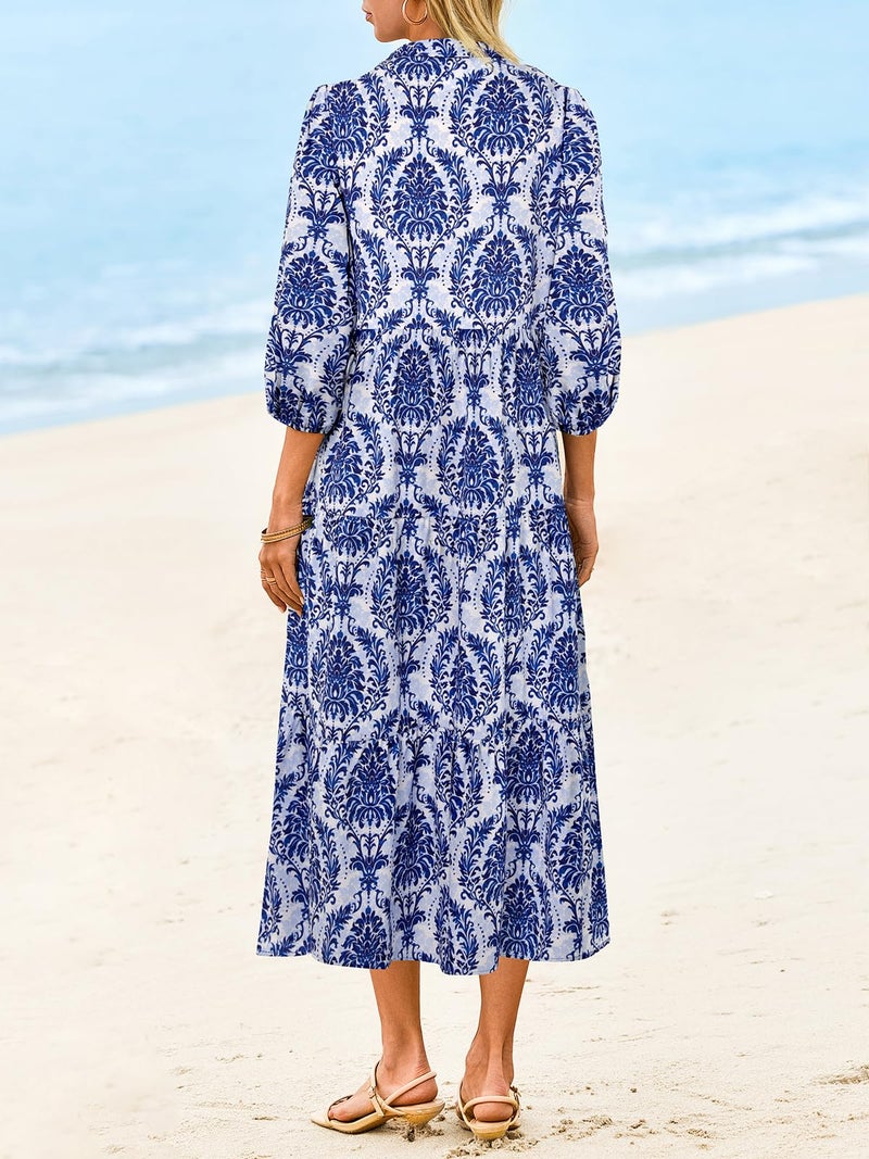 Wenrine Womens Casual Shirt Dress Floral 3/4 Sleeve Button Down V Neck Collared Loose Boho Beach Maxi Dresses A-Navy - Image 4