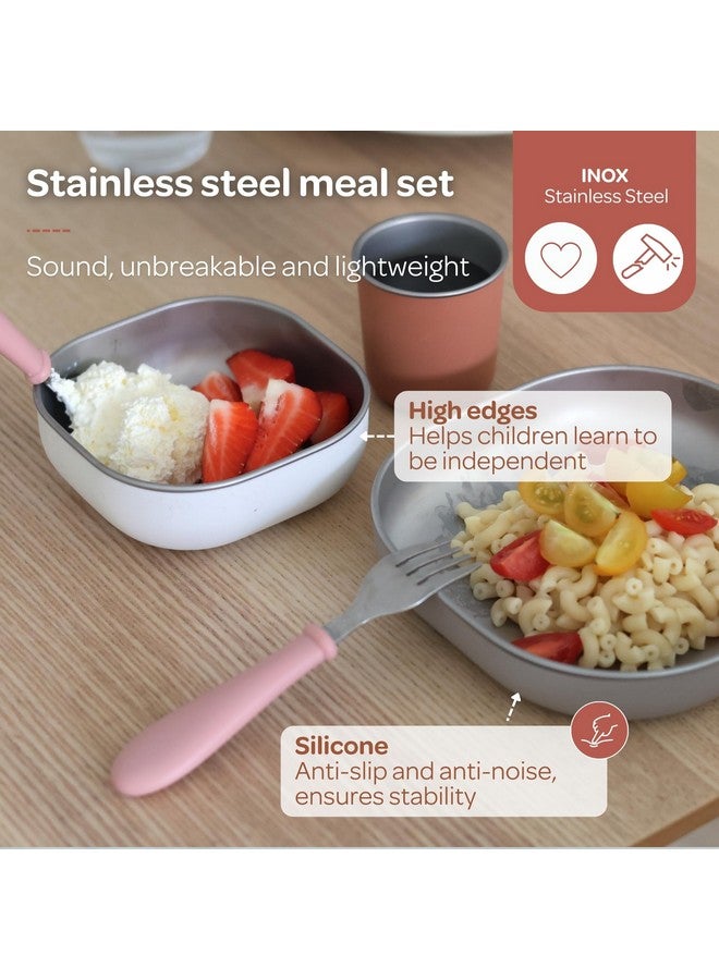 بيابا طقم وجبات بيبا من الفولاذ المقاوم للصدأ | آمن للاستخدام في الميكروويف والفرن | أطباق أطفال وأوعية وأكواب بغطاء سيليكون مانع للانزلاق | أطباق أطفال غير سامة، لون تيراكوتا - Image 2