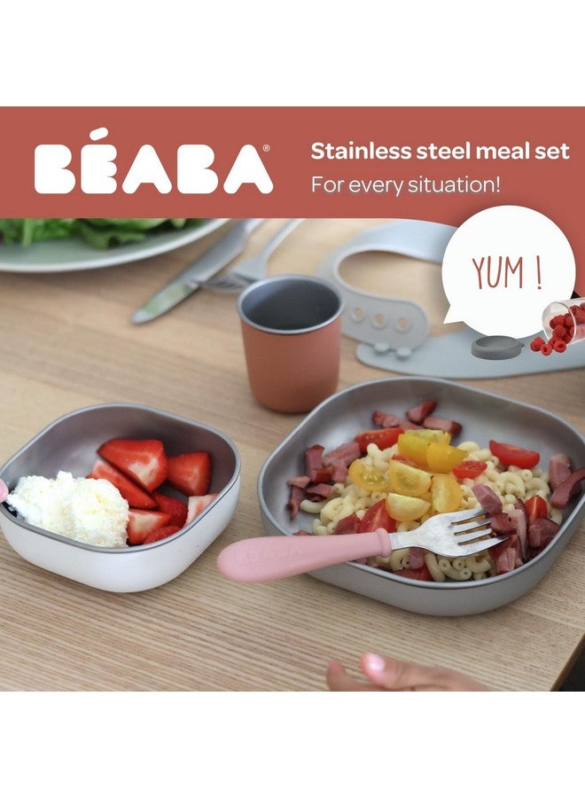 بيابا طقم وجبات بيبا من الفولاذ المقاوم للصدأ | آمن للاستخدام في الميكروويف والفرن | أطباق أطفال وأوعية وأكواب بغطاء سيليكون مانع للانزلاق | أطباق أطفال غير سامة، لون تيراكوتا - Image 1