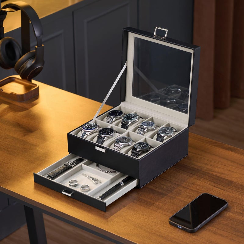 ProCase Watch Box, 8 Slot Watches Display Case with Drawer, Mens Watch Case with Glass Lid, 2-Layer Mens Jewelry Organizer Storage Holder, Birthday Valentine Gifts for Men -8 Slot, Black - Image 4