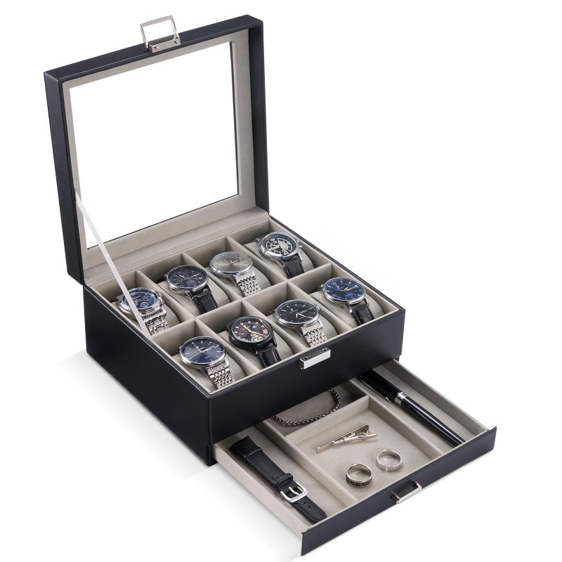 ProCase Watch Box, 8 Slot Watches Display Case with Drawer, Mens Watch Case with Glass Lid, 2-Layer Mens Jewelry Organizer Storage Holder, Birthday Valentine Gifts for Men -8 Slot, Black - Image 1