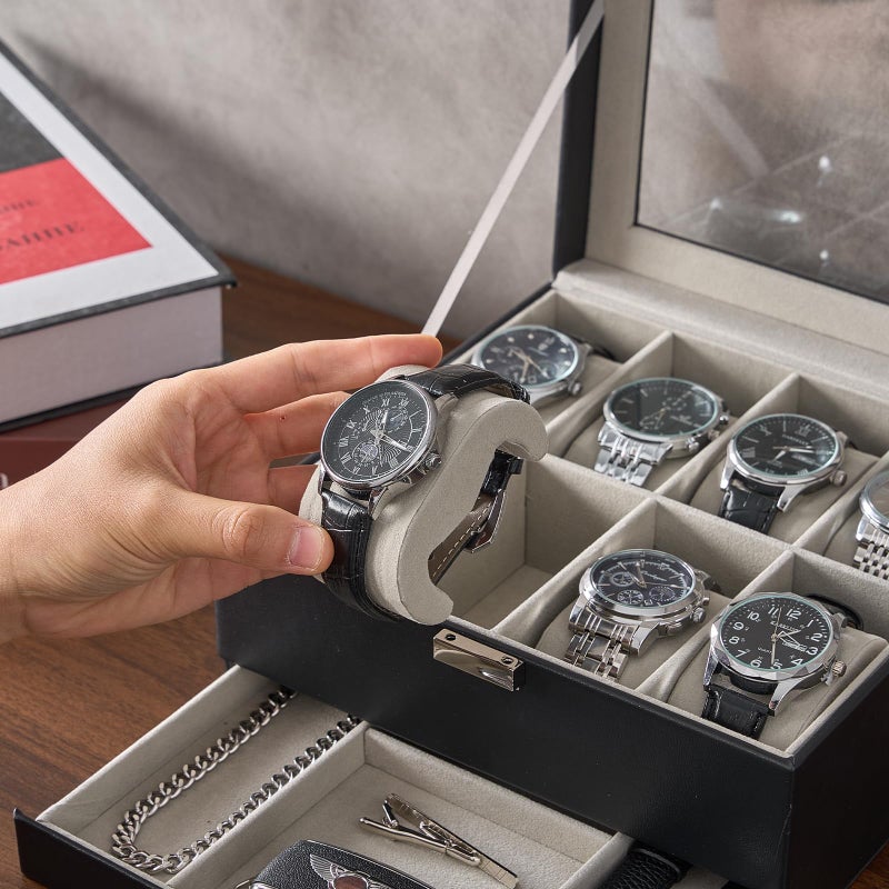 ProCase Watch Box, 8 Slot Watches Display Case with Drawer, Mens Watch Case with Glass Lid, 2-Layer Mens Jewelry Organizer Storage Holder, Birthday Valentine Gifts for Men -8 Slot, Black - Image 5