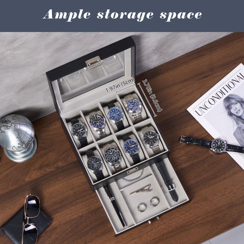 ProCase Watch Box, 8 Slot Watches Display Case with Drawer, Mens Watch Case with Glass Lid, 2-Layer Mens Jewelry Organizer Storage Holder, Birthday Valentine Gifts for Men -8 Slot, Black - Image 2
