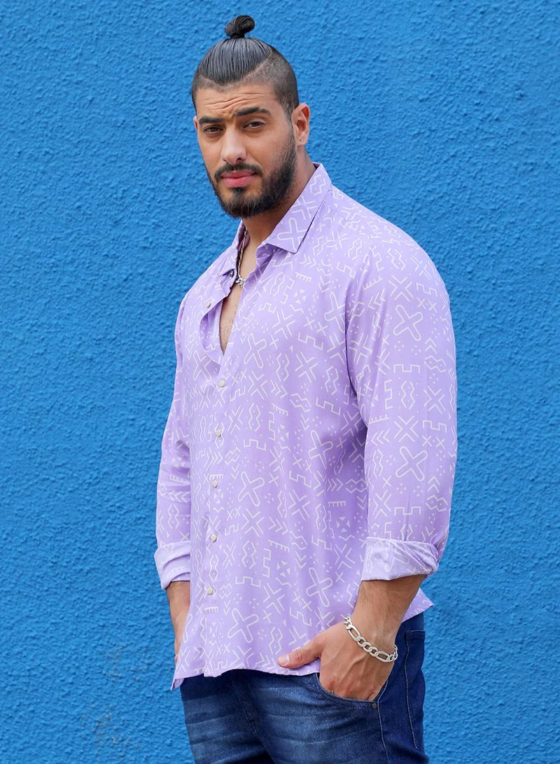 Instafab Plus Instafab Plus Men's Lavender Minimal Aztec Shirt For Casual Wear | Spread Collar | Long Sleeve | Button Closure | Heavy Rayon Shirt Crafted With Comfort Fit For Everyday Wear