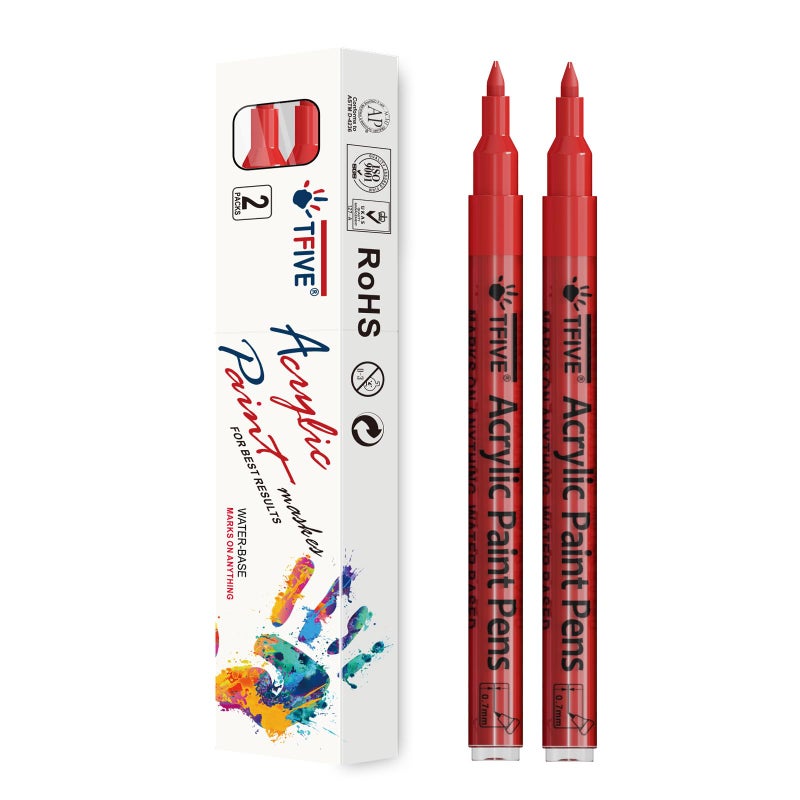TFIVE Red Paint Marker Paint Pens - 2 Pack Acrylic Permanent Marker, 0.7mm Extra Fine Tip Paint Pen for Art Projects, Drawing, Rock Painting, Ceramic, Glass, Wood, Plastic, Metal, Canvas DIY Crafts - Image 1