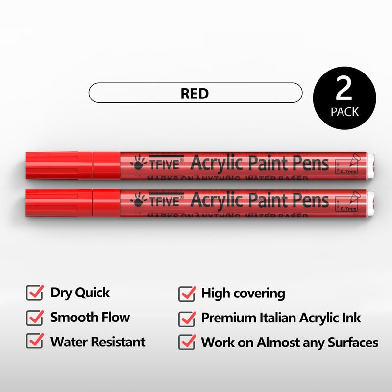 TFIVE Red Paint Marker Paint Pens - 2 Pack Acrylic Permanent Marker, 0.7mm Extra Fine Tip Paint Pen for Art Projects, Drawing, Rock Painting, Ceramic, Glass, Wood, Plastic, Metal, Canvas DIY Crafts - Image 2