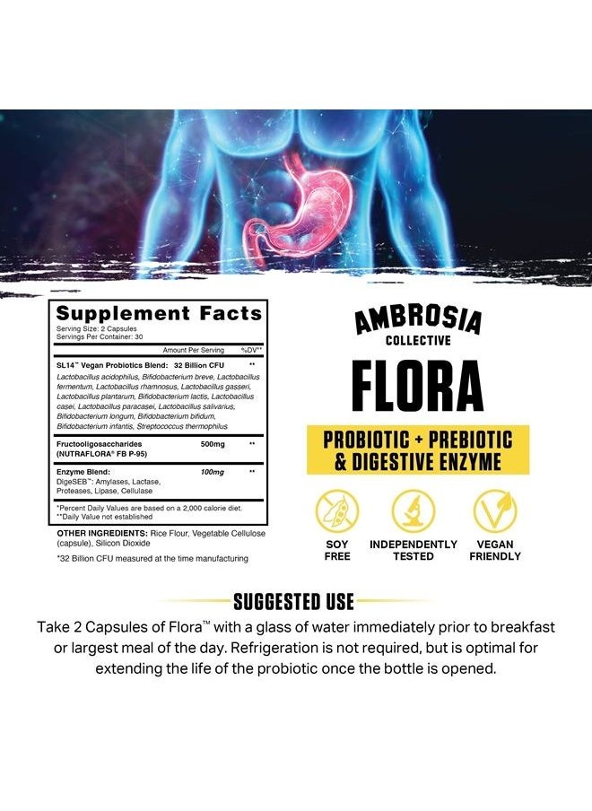 Flora Digestive Enzymes with Probiotics and Prebiotics, Plant Based Gut Health Supplement, 32 Billion CFU, Vegan Probiotic for Digestive Health (30 Servings)