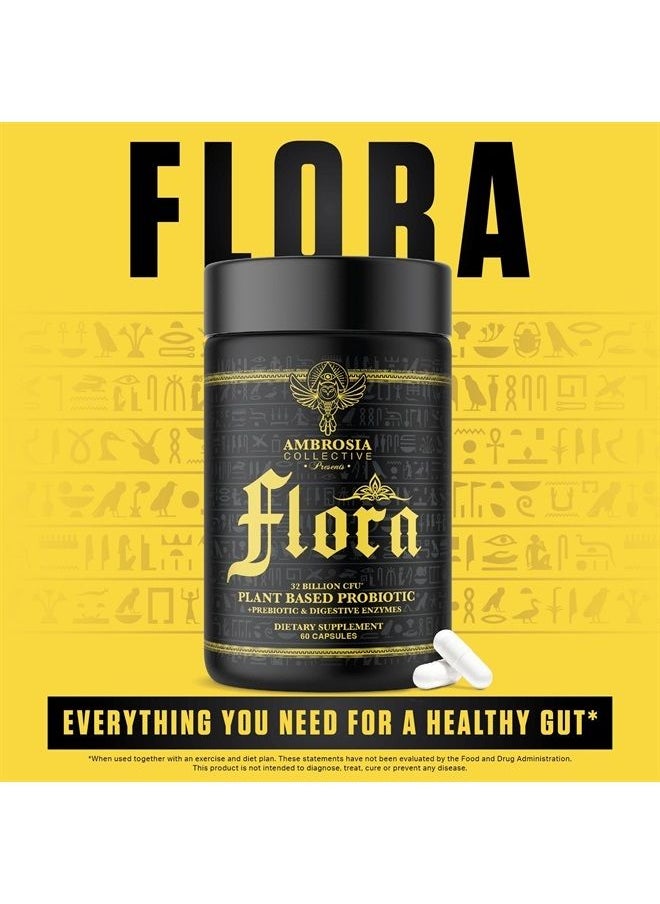 Flora Digestive Enzymes with Probiotics and Prebiotics, Plant Based Gut Health Supplement, 32 Billion CFU, Vegan Probiotic for Digestive Health (30 Servings)