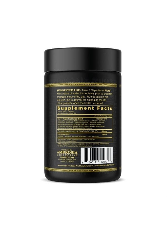 Flora Digestive Enzymes with Probiotics and Prebiotics, Plant Based Gut Health Supplement, 32 Billion CFU, Vegan Probiotic for Digestive Health (30 Servings)