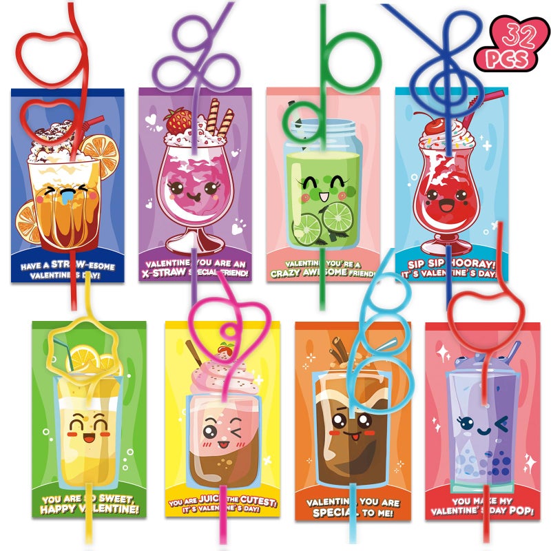 ZIRSENG 32 PACK Crazy Loop Reusable Drinking Straws Valentines Day Cards for Kids Classroom Valentine Day Gifts for Classroom Exchange Prize Drinking Straws Bulk for Party Favors - Image 3