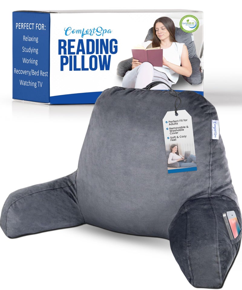 ComfortSpa Reading Pillow for Bed Adult Size, Back Rest Pillow with Arms, Pockets and Washable Cover; Use as a Back Pillow for Bed Sitting Up for Bedrest or Relief from GERD Heartburn (Large Grey) - Image 1