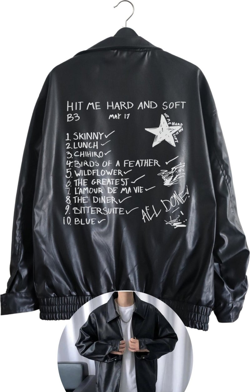Fuddy Moda Oversize Billie Eilish Printed Streetwear Black Lined Leather Jacket, Hit Me Hard And Soft Leather Jacket - Image 1