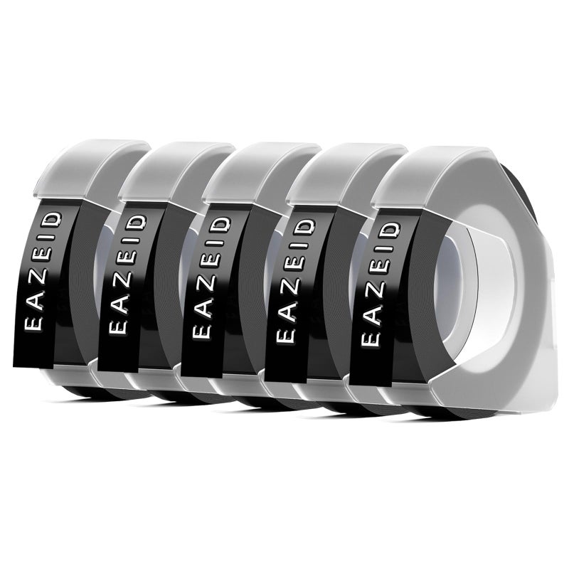 EazeID Replacement for Dymo Embossing Label Tape Black 3/8 Inch 3D Plastic 1741670 for Dymo Organizer Xpress Label Maker Refills 1540 1550 1570 Office Mate II 12965 DYM12966 Embossed Labels, 5-Pack - Image 1