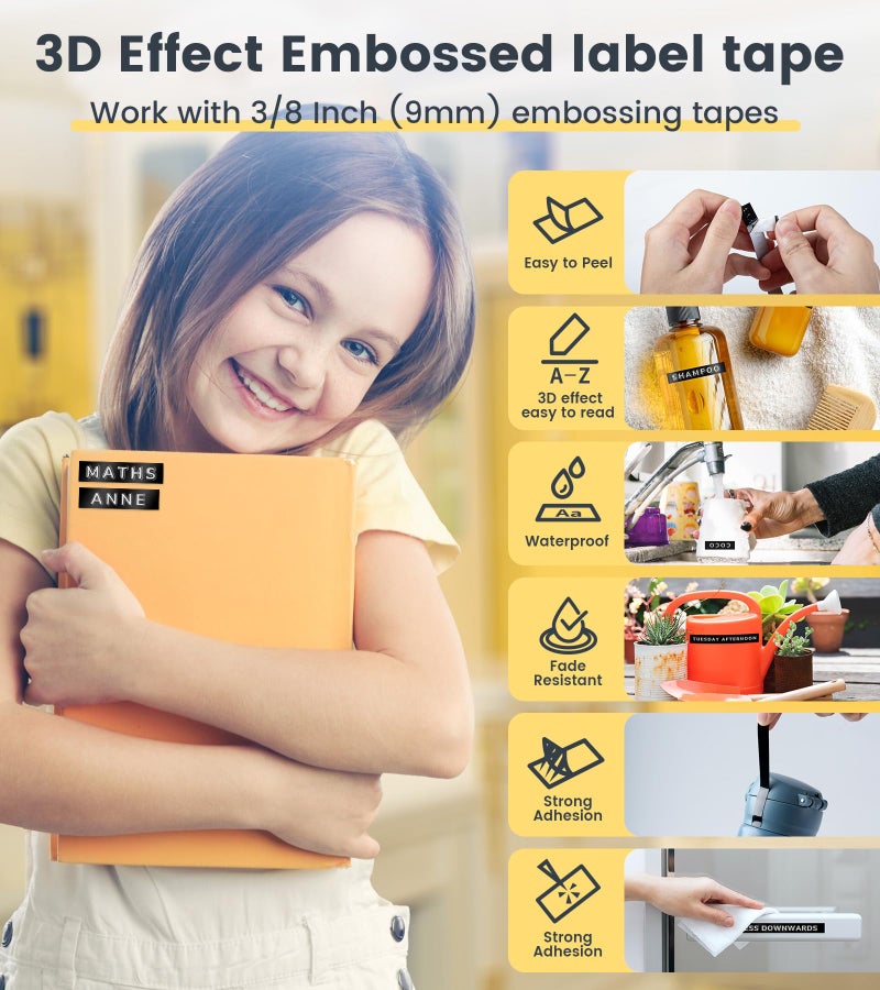 EazeID Replacement for Dymo Embossing Label Tape Black 3/8 Inch 3D Plastic 1741670 for Dymo Organizer Xpress Label Maker Refills 1540 1550 1570 Office Mate II 12965 DYM12966 Embossed Labels, 5-Pack - Image 4