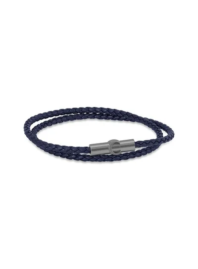 CERRUTI 1881 Umberto Silver Plated Stainless Steel Blue Braided Leather Bracelet for Men 400mm