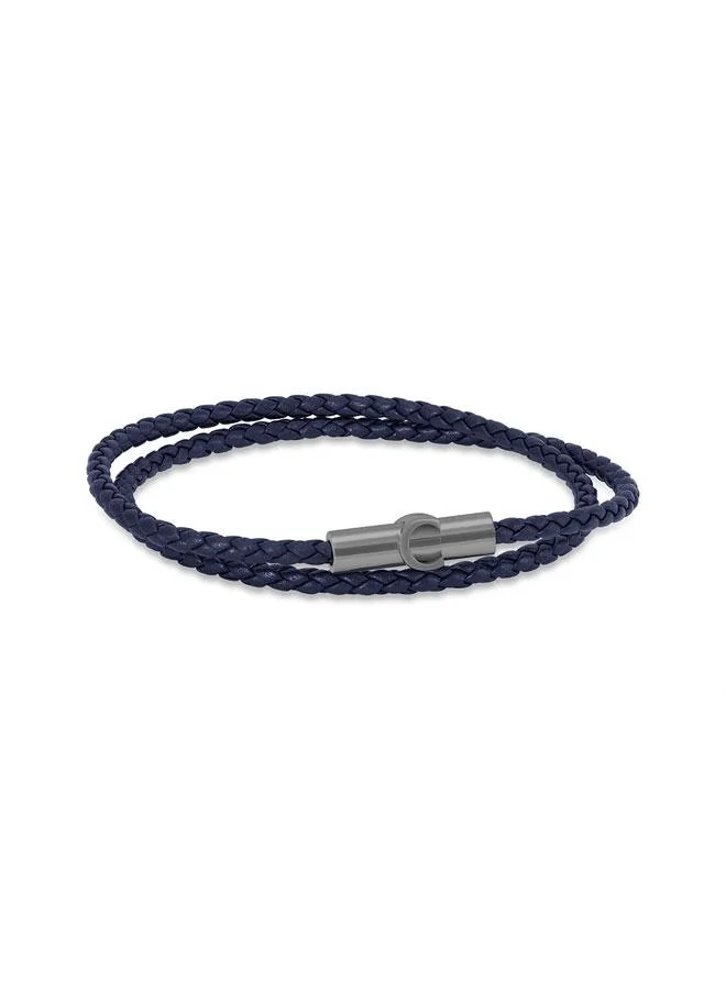 Umberto Silver Plated Stainless Steel Blue Braided Leather Bracelet for Men 400mm