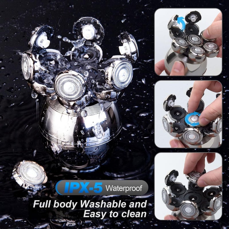 7D Bald Head Shavers for Men, 6 in 1 Wet Dry Electric Shaver for Face and Head, Waterproof Electric Razor for Men with LCD Display, Men's Grooming Kit with Wireless Charging Base - Image 5