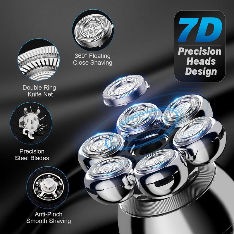 7D Bald Head Shavers for Men, 6 in 1 Wet Dry Electric Shaver for Face and Head, Waterproof Electric Razor for Men with LCD Display, Men's Grooming Kit with Wireless Charging Base - Image 3