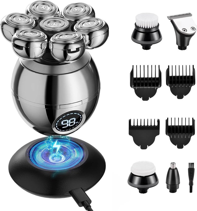7D Bald Head Shavers for Men, 6 in 1 Wet Dry Electric Shaver for Face and Head, Waterproof Electric Razor for Men with LCD Display, Men's Grooming Kit with Wireless Charging Base - Image 1