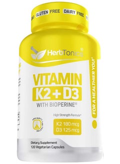 Herbtonics Immune System Support Vitamin K2 (Mk7) With D3 5000 Iu Supplement With Bioperine (Black Pepper) 120 Vegetarian Capsules Strong Bones And Heart Health K2 D3 Complex Tiny Easy To Swallow  - Image 1