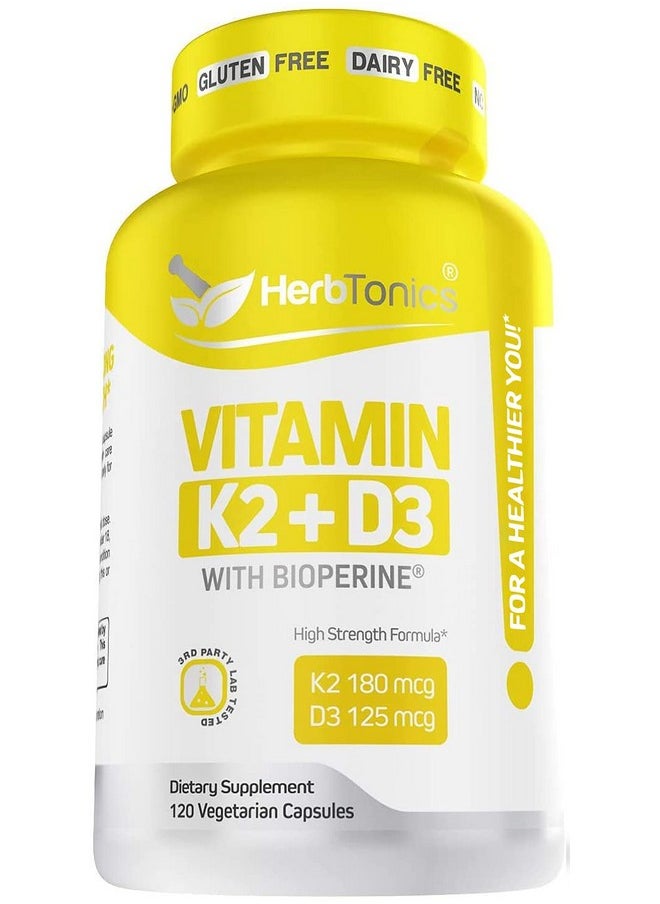 Herbtonics - Immune System Support Vitamin K2 (Mk7) With D3 5000 Iu Supplement With Bioperine (Black Pepper) 120 Vegetarian Capsules Strong Bones And Heart Health K2 D3 Complex Tiny Easy To Swallow - Image 1