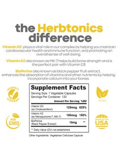 Herbtonics Immune System Support Vitamin K2 (Mk7) With D3 5000 Iu Supplement With Bioperine (Black Pepper) 120 Vegetarian Capsules Strong Bones And Heart Health K2 D3 Complex Tiny Easy To Swallow  - Image 3
