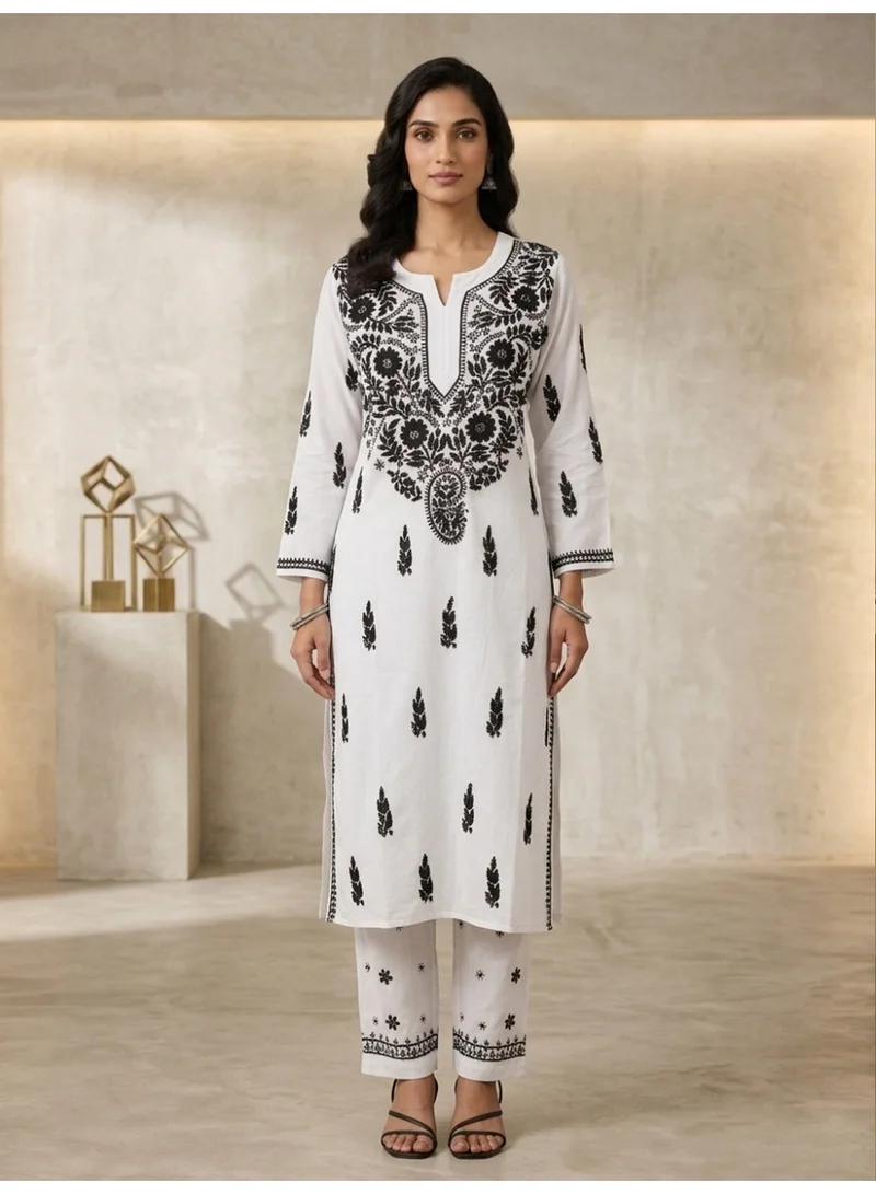 Alaya Whiteandblack Women Hand Embroidered Chikankari Modal Kurta set-AL3451KS for Women | Best Price UAE