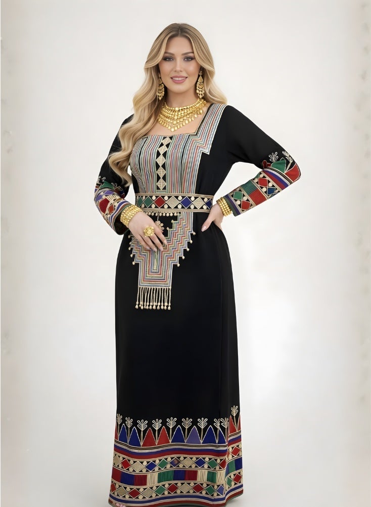 Premium Asiri Tatreez Embroidered Maxi Jalabiya Dress for Women – Elegant Black Long Dress for Traditional Saudi Arabia Foundation Day - Image 5