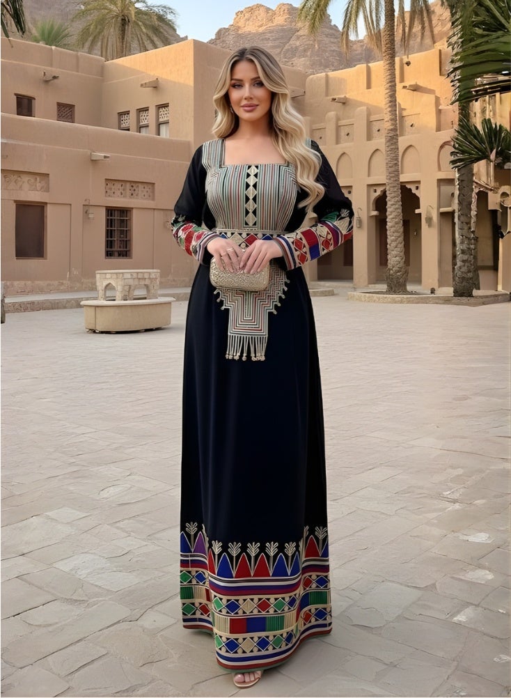 Premium Asiri Tatreez Embroidered Maxi Jalabiya Dress for Women – Elegant Black Long Dress for Traditional Saudi Arabia Foundation Day - Image 3