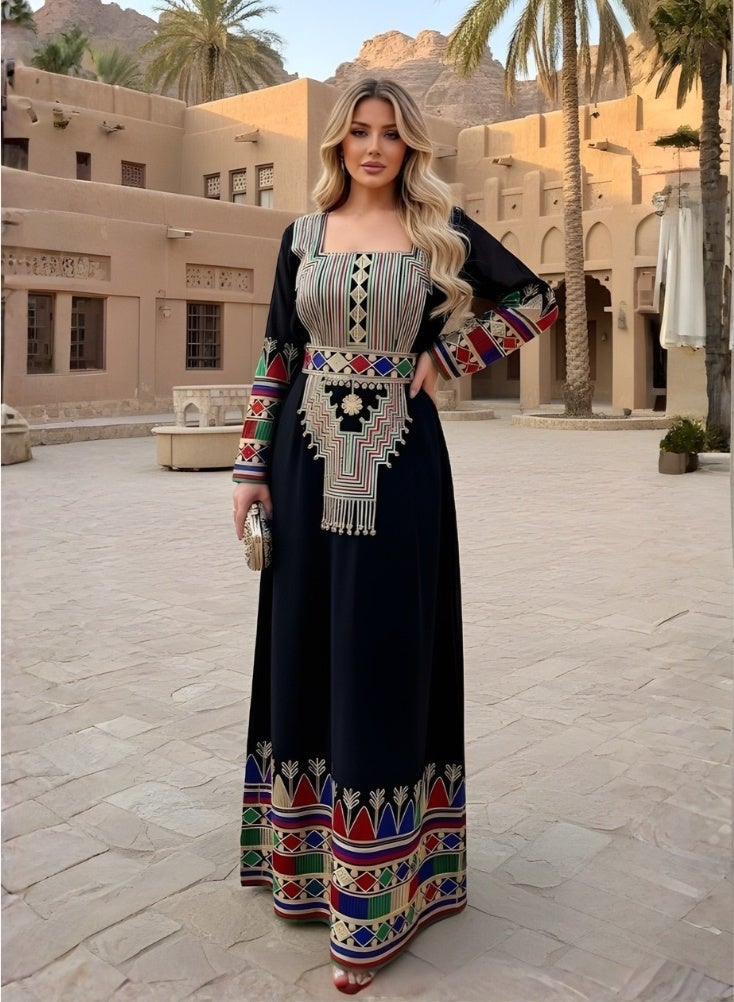 Premium Asiri Tatreez Embroidered Maxi Jalabiya Dress for Women – Elegant Black Long Dress for Traditional Saudi Arabia Foundation Day - Image 2