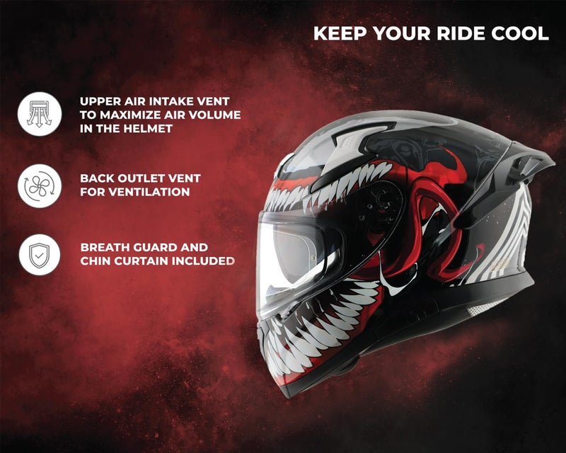 Axor Apex Marvel Venom Full Face Motorbike Helmet, Premium Graphic Finish with Sporty Aerodynamic Design – Black Red - L - Image 3