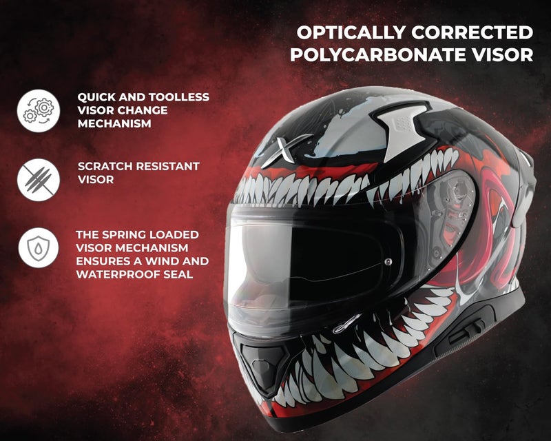 Axor Apex Marvel Venom Full Face Motorbike Helmet, Premium Graphic Finish with Sporty Aerodynamic Design – Black Red - L - Image 2