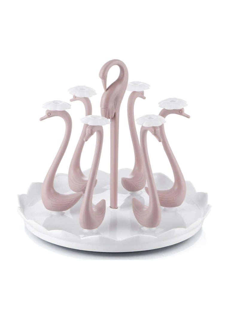 Cup Drying Rack, Mug Dryer Rack with Drip Tray, Rotating Bottle Drying Stand Holder for Kitchen Counter, 6 Holders (Pink Swan) - Image 1