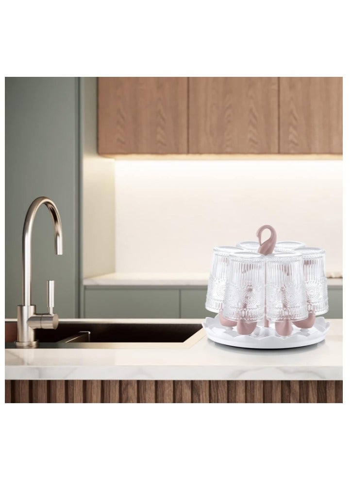 Cup Drying Rack, Mug Dryer Rack with Drip Tray, Rotating Bottle Drying Stand Holder for Kitchen Counter, 6 Holders (Pink Swan) - Image 5