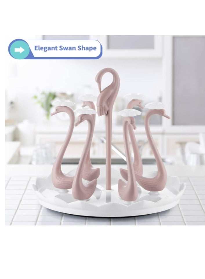 Cup Drying Rack, Mug Dryer Rack with Drip Tray, Rotating Bottle Drying Stand Holder for Kitchen Counter, 6 Holders (Pink Swan) - Image 2