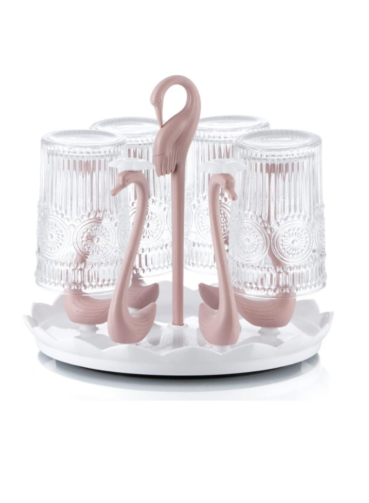 Cup Drying Rack, Mug Dryer Rack with Drip Tray, Rotating Bottle Drying Stand Holder for Kitchen Counter, 6 Holders (Pink Swan) - Image 3