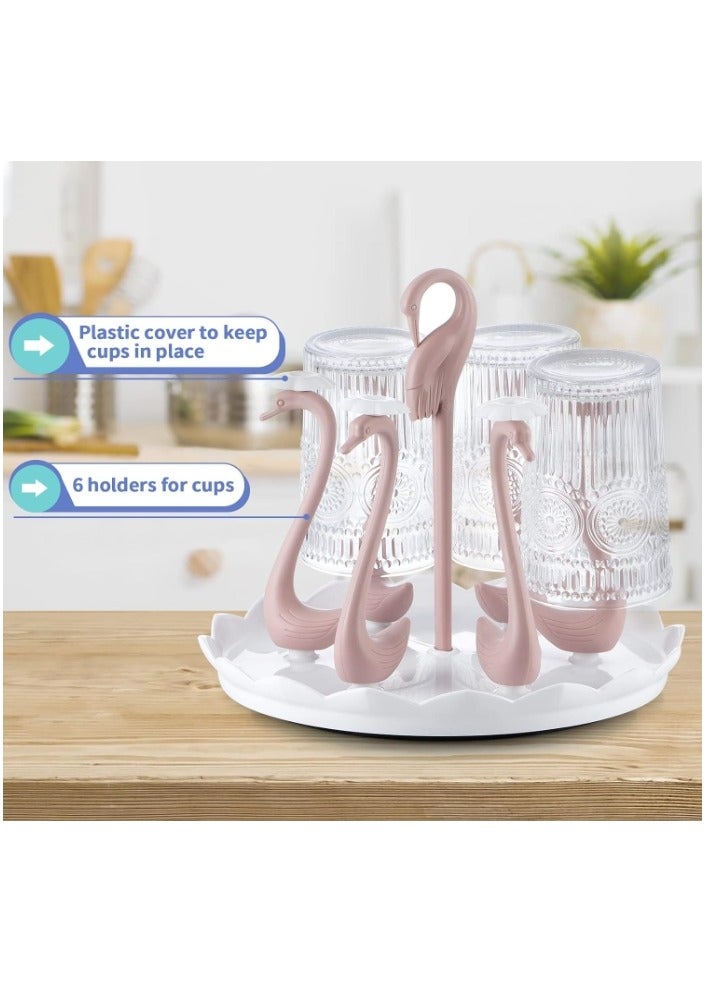 Cup Drying Rack, Mug Dryer Rack with Drip Tray, Rotating Bottle Drying Stand Holder for Kitchen Counter, 6 Holders (Pink Swan) - Image 4