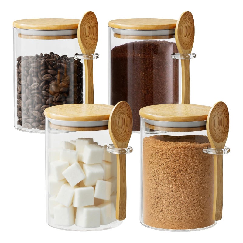 Glass Sugar Container with Spoon 4 Pack 15oz Glass Jars with Bamboo Lid and Spoon Bamboo Lid Storage Jar Containers for Coffee Beans Spice Brown Sugar Tea Flour Nuts Candy Salts and More