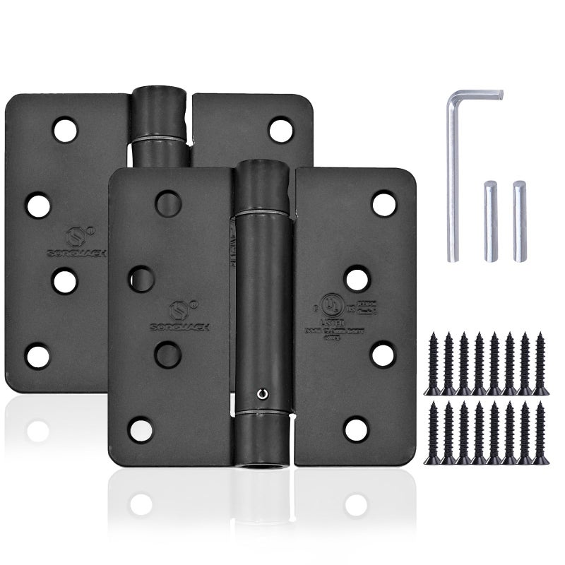 SORGMACH Self Closing Door Hinge 4 inch Matte Black Auto Close Hinges Adjustable 4 x 4 Inch Spring Hinges Door Closer Hinge 14 Radius Corner Commercial Auto SelfClosing Hinge UL Listed 2 Pieces