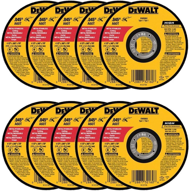 DEWALT DeWalt DW8062 412x045x78 Metal Angle Grinder Thin Cutoff Wheel 10 Pack  - Image 1