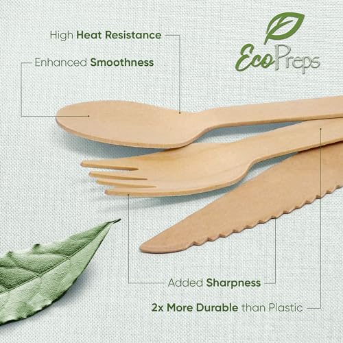 EcoPreps 100% Compostable Wooden Cutlery Set (360 PCS - 150 Forks, 125 Spoons, 85 Knives) Eco-Friendly, Natural, Biodegradable Disposable Utensils Set | Birch Wood Disposable Forks, Knives, and Spoons - Image 2