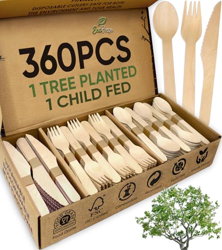 EcoPreps 100% Compostable Wooden Cutlery Set (360 PCS - 150 Forks, 125 Spoons, 85 Knives) Eco-Friendly, Natural, Biodegradable Disposable Utensils Set | Birch Wood Disposable Forks, Knives, and Spoons - Image 1